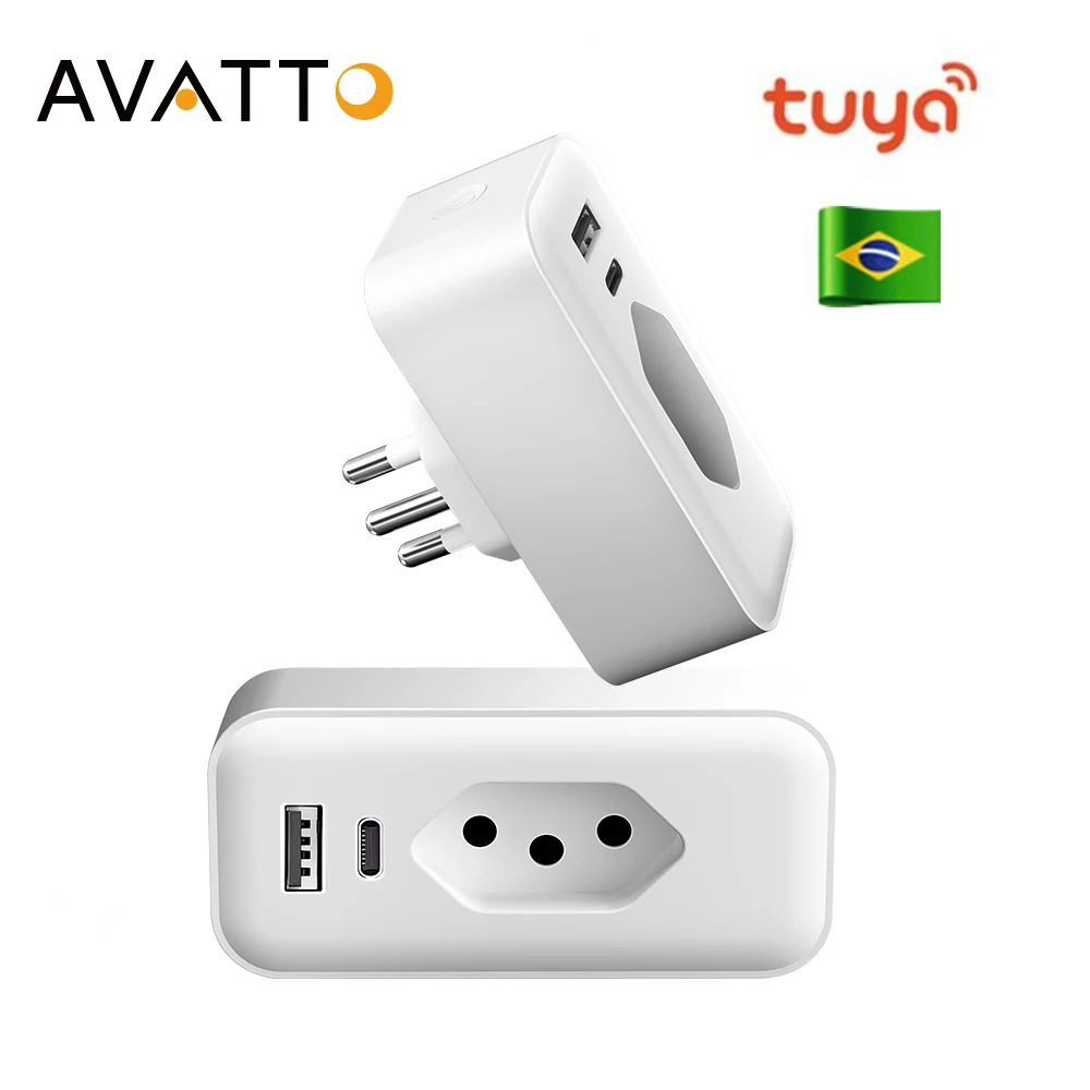 AVATTO Tuya WiFi Smart Brazil Socket with USB Type-C,Power Energy Monitoring,Work with Alexa Google Home