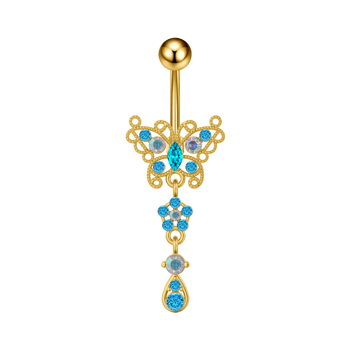 Crown Heart Dangled Belly Button Rings with Butterfly Drop