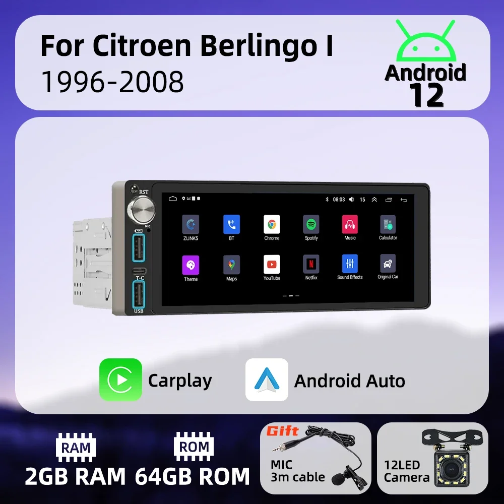 

Wireless Carplay Autoradio 6.86" 1Din Radio Android Car Multimedia for Citroen Berlingo I 1996-2008 Stereo Head Unit GPS BT Wifi