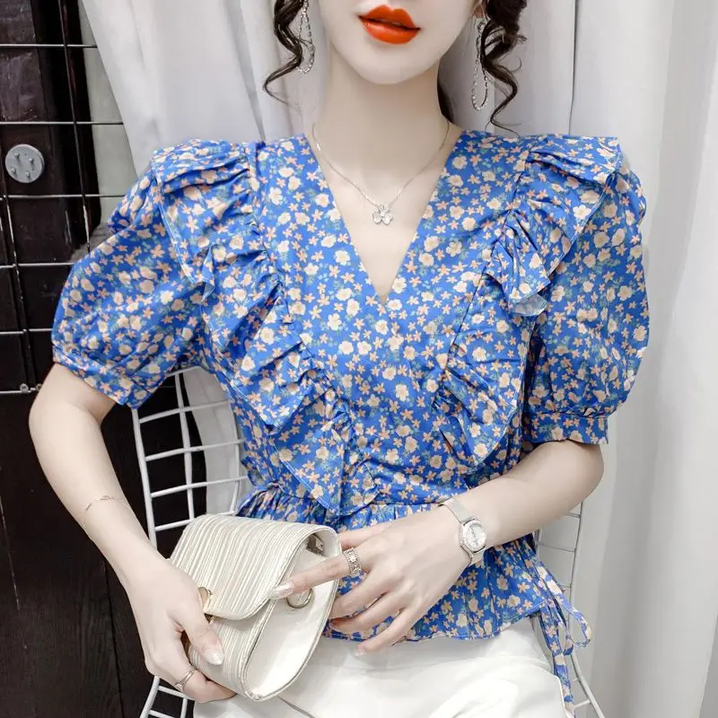 Office Lady Broken Flower Printed Shirt Summer New Elegant V-Neck Spliced Casual Ruffles Women\'s Clothing Slim Drawstring Blouse