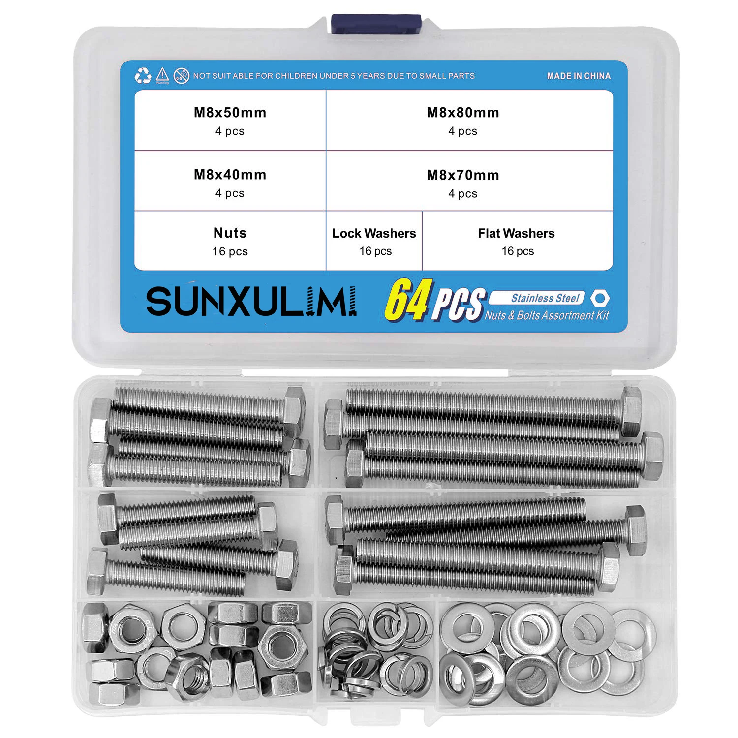 16 sets of M8 stainless steel heavy-duty screw bolts and nuts flat lock washers combination kits, 40/50/70/80 millimeters