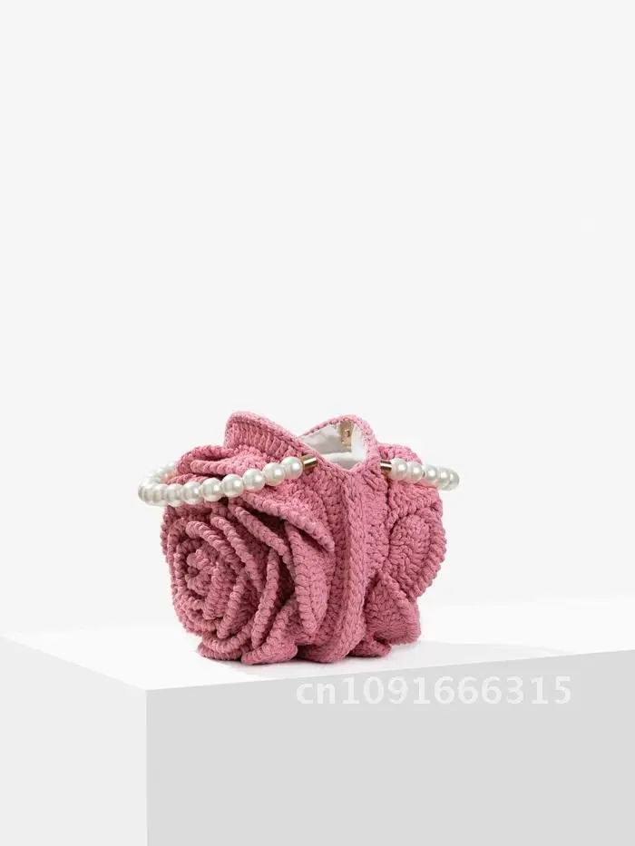 Crochet rose flower clutch chic evening party tote handbag iovry woven 2024 Jacquard new bag purse pink