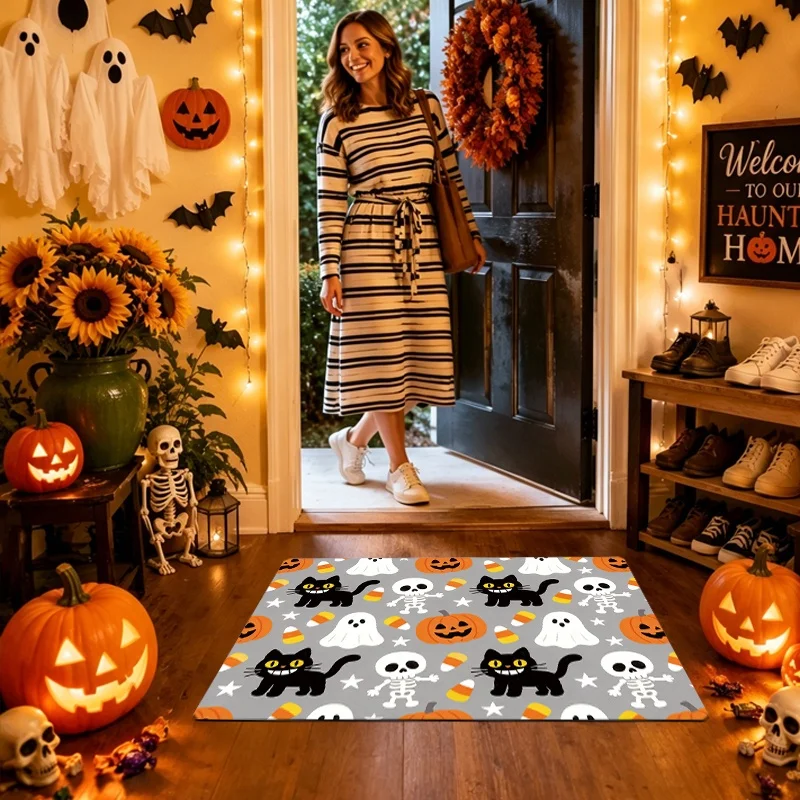 Pink Halloween Ghost Pumpkin Doormat, Tombstone Bat Witch Hat Print Entry Mat, Spooky Holiday Front Door Home Decor