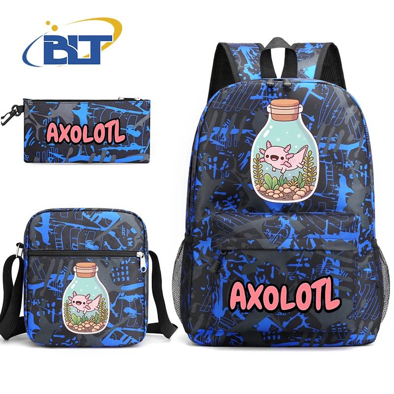 Cute Axolotl printed student school bag set youth backpack shoulder bag pencil case 3-piece set kids back-to-school gift