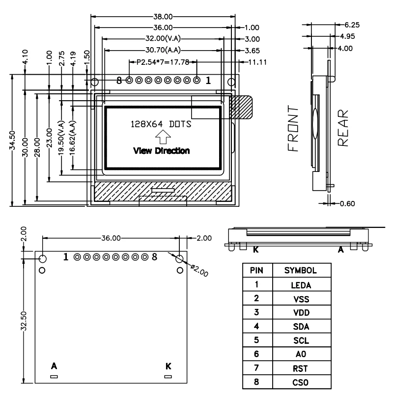 12864-1129COG شاشة مصفوفة نقطية وحدة عرض إل سي دي st7565R المنفذ التسلسلي مع لوحة دارات مطبوعة شاشة أبيض وأسود