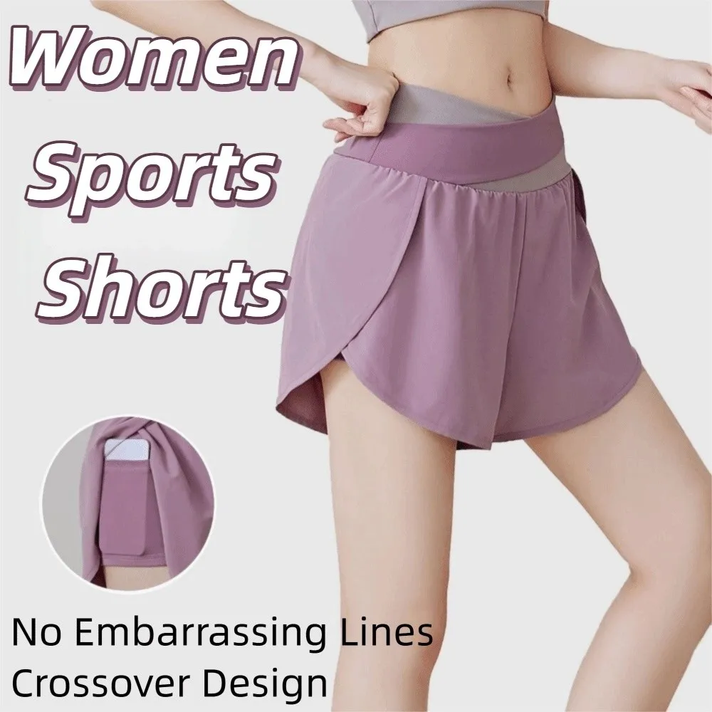 

Breathable Women Sports Shorts 2 In 1 Inner Liner Colorblocked High Waist Workout Shorts Pleated Anti-Slip Yoga Skirt Shorts
