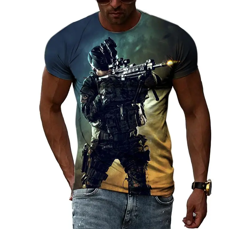 Summer Leisure Field Fighting Sniper Pattern Men\'s T-shirt Hip Hop 3D Print Personality Rod Neck Short Sleeve Tops Fashion Clot