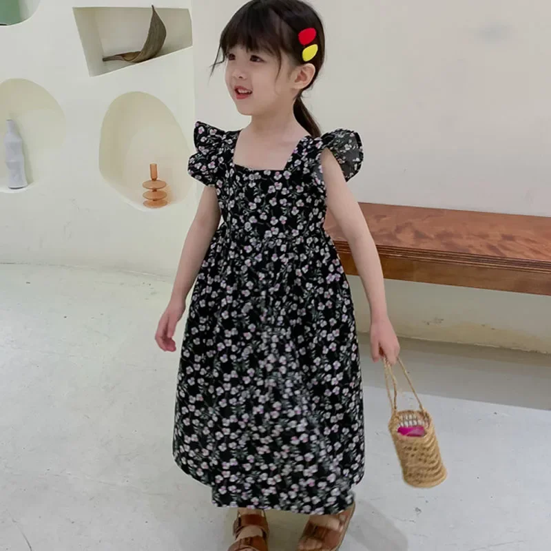 Summer Girls' Dress  Flying Sleeve Long Beach Dress Sweet Princess Dress Square Collar Children'S Baby Kids Clothing For Girl