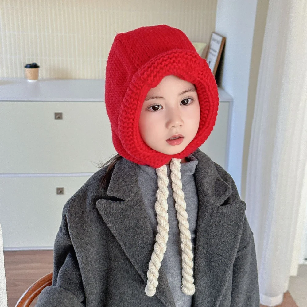 Casual Handmade Knitted Wool Lace Up Hat Thicken Unisex Ear Protection Hat Drawstring Hat Children