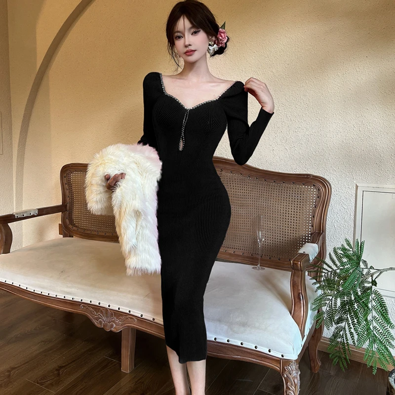 春の女性用高級ダイヤモンドVネックニットスリムパーティードレスヴィンテージエレガントファッション長袖セクシーボディコンドレス女性用