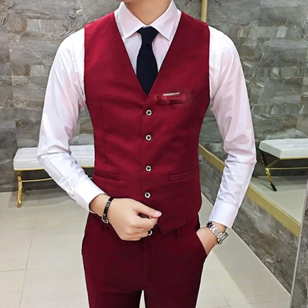 Men Waistcoat Formal Business Men\'s Suit Vest Waistcoat V Neck Sleeveless Slim Fit Single-breasted Cardigan Groom Wedding Coat