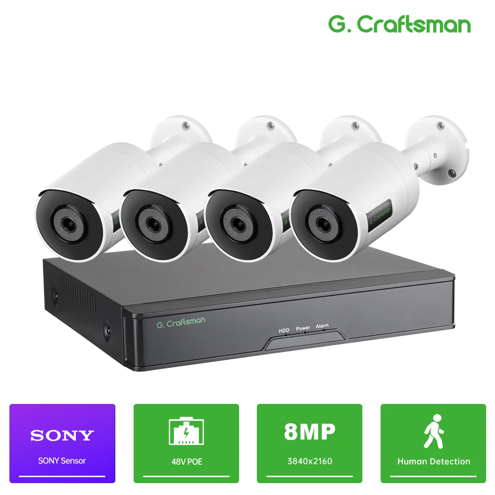 C-R,G.Craftsman 4CH 8MP IMX415 POE CCTV Kit Gezichtsherkenning Vergelijkingsysteem Audio Buitenbeveiliging HiEasy G8-K4