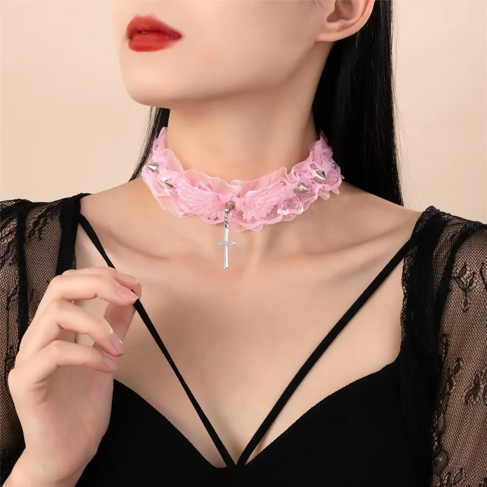 Gothic Ruffle Lace Angel Wings Cross Pendant Choker Spike Rivet Necklace for Women Punk Y2k Dark Aesthetic Cosplay Neck Jewelry