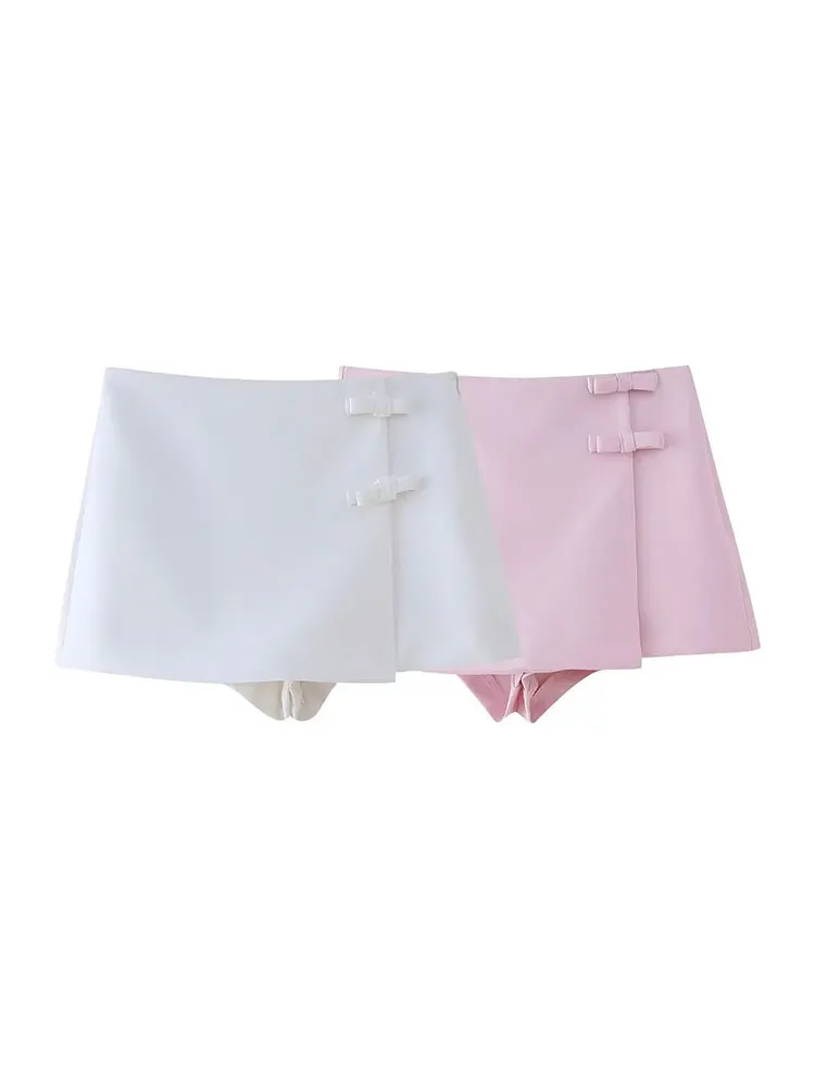 TELLHONEY Women Fashion Side Zipper Bow Decoration Skort Female Casual Low Waist A Line Solid Asymmetrical Mini Skirts