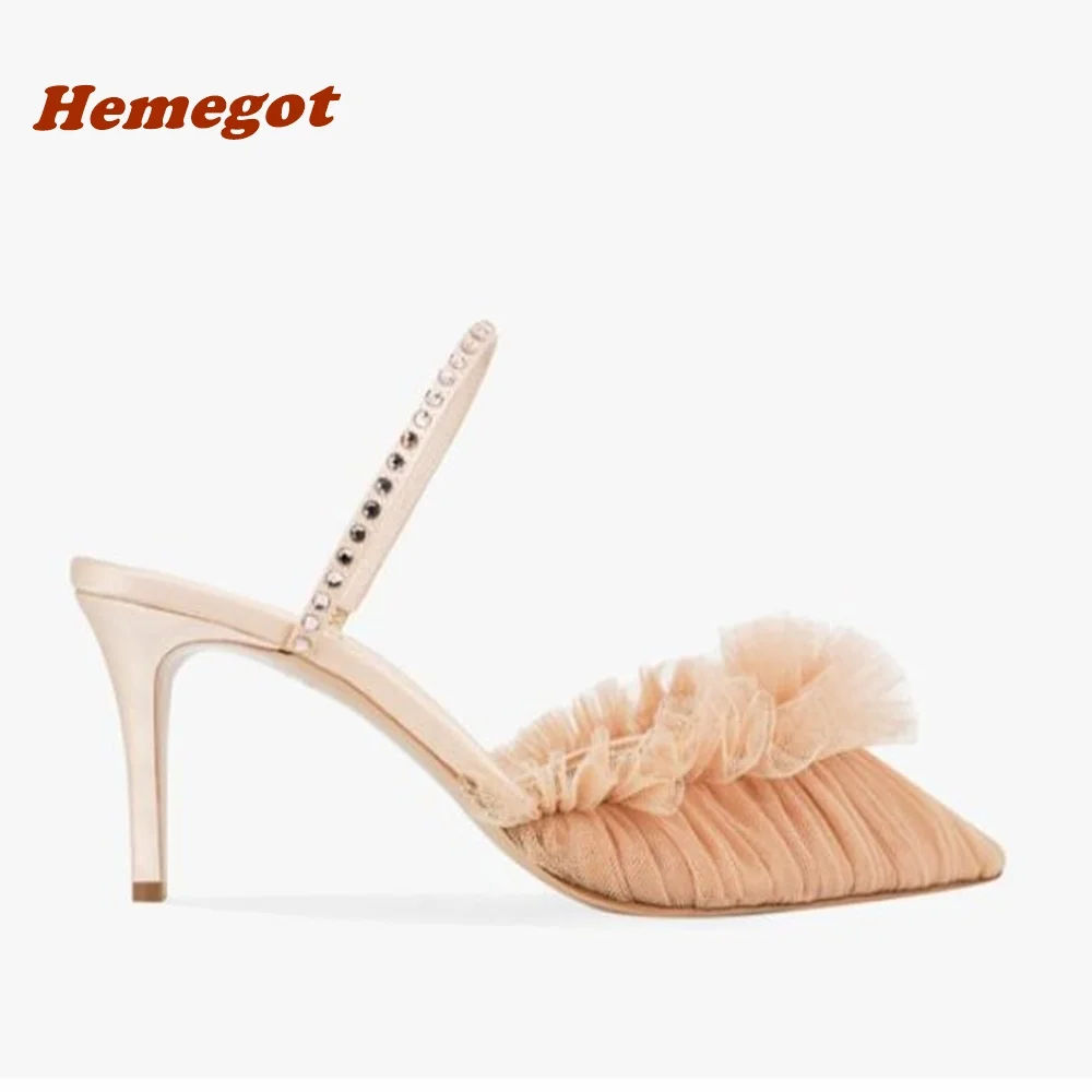 Champagne Air Mesh Stiletto Slippers Pointed Toe One Strap Crystals Women's Sandals 2024 Fashion Rhinstones Elegant Party Shoes