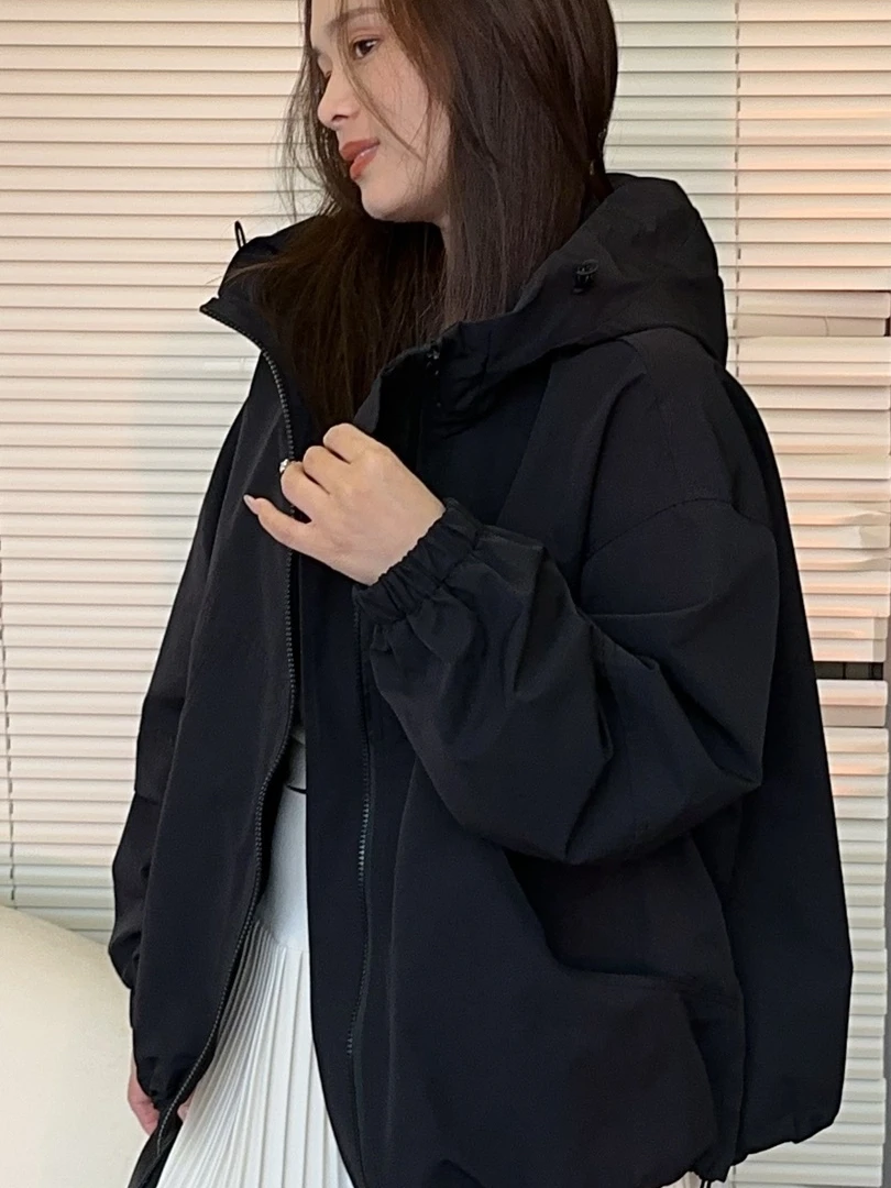 Ele Double Zipper Hooded Jaet Women's Mid-Length Outdoor Top Spring 2025 Commute Sle Loose Fit Premium Feeling