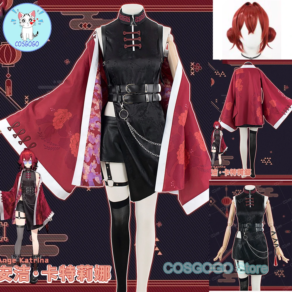 COSGOGO Anime Vtuber Nijisanji Ange Katrina Cosplay Costume Women Cheongsam Halloween Dress Coat Game Suit Uniform Outfit Wig