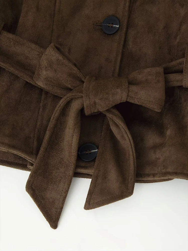 New Women's Belt Suede Short Jacket Elegant Stand Collar Long Sleeve Single Breasted Fashion Coat Autumn Winter Lace Up Jackets 4