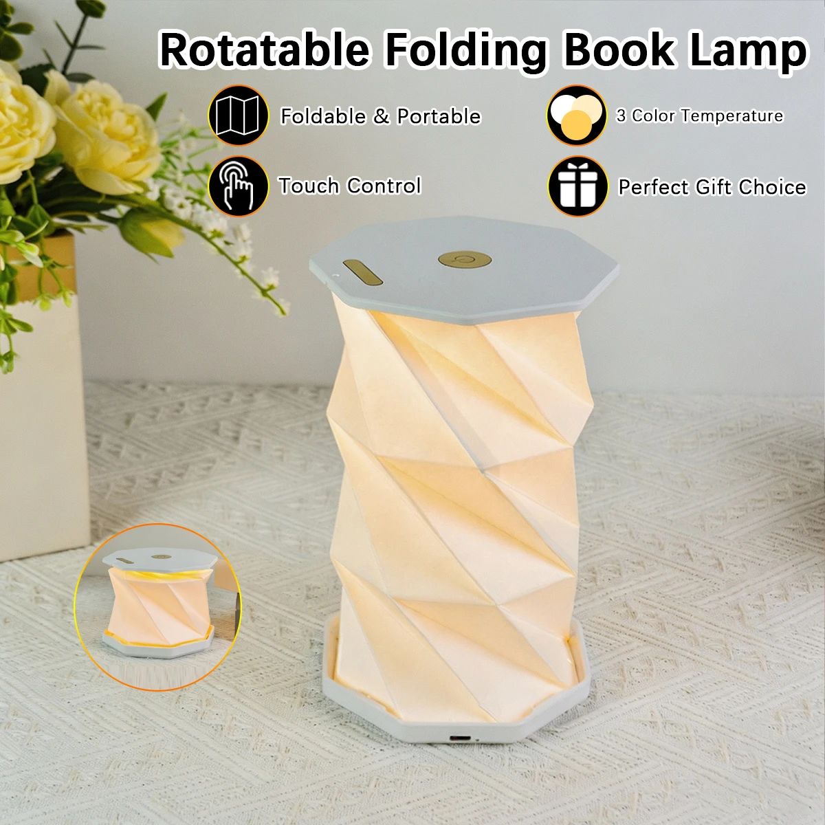 1pc Folding Rotating Book Light Touch Dimmable Portable Paper Lamp Home Decor Night Lamp