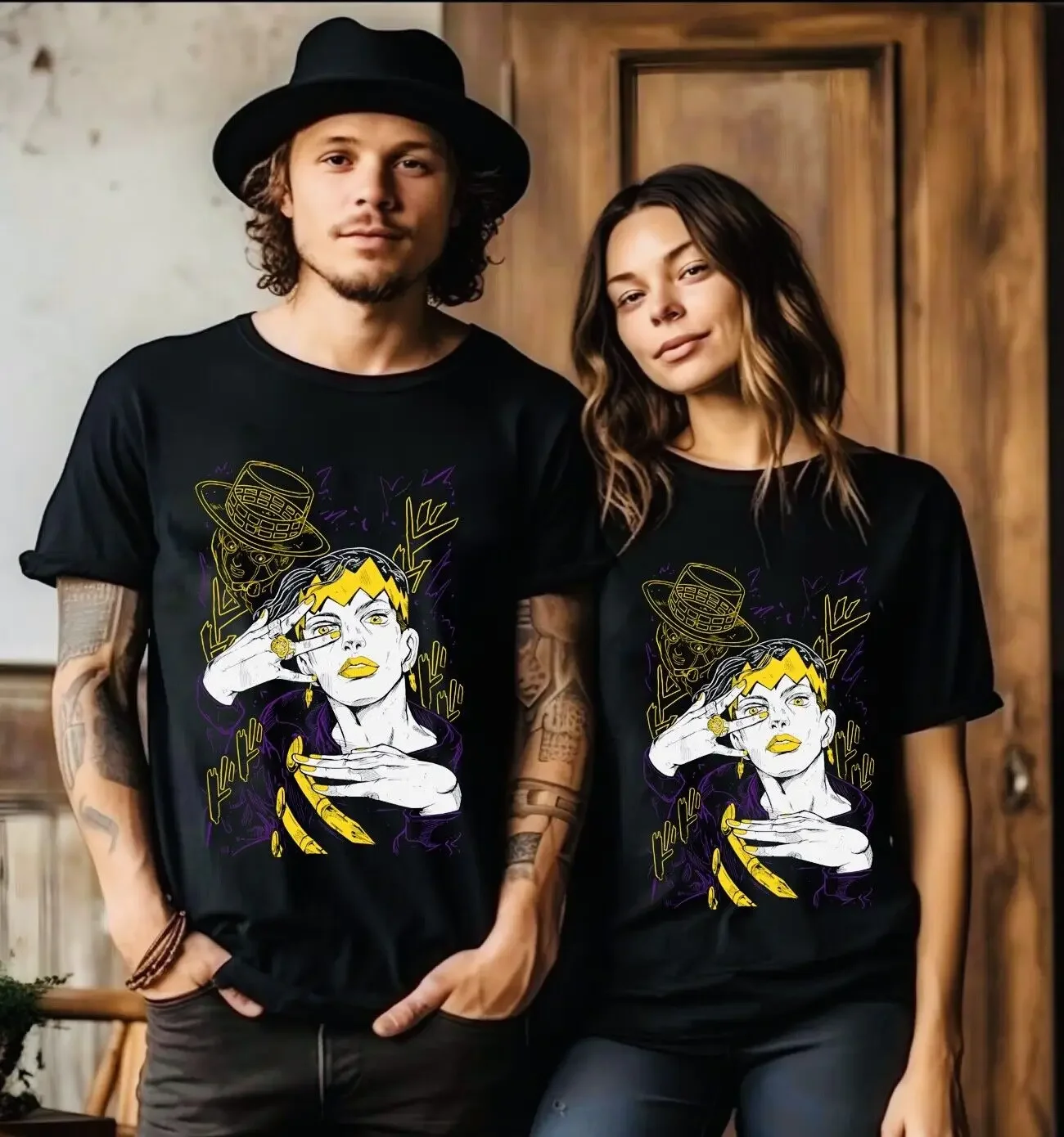 Jojo's Bizarre Anime Camiseta Preta, Rohan Kishibe T-Shir, Giorno Giovanna, Todos os Tamanhos