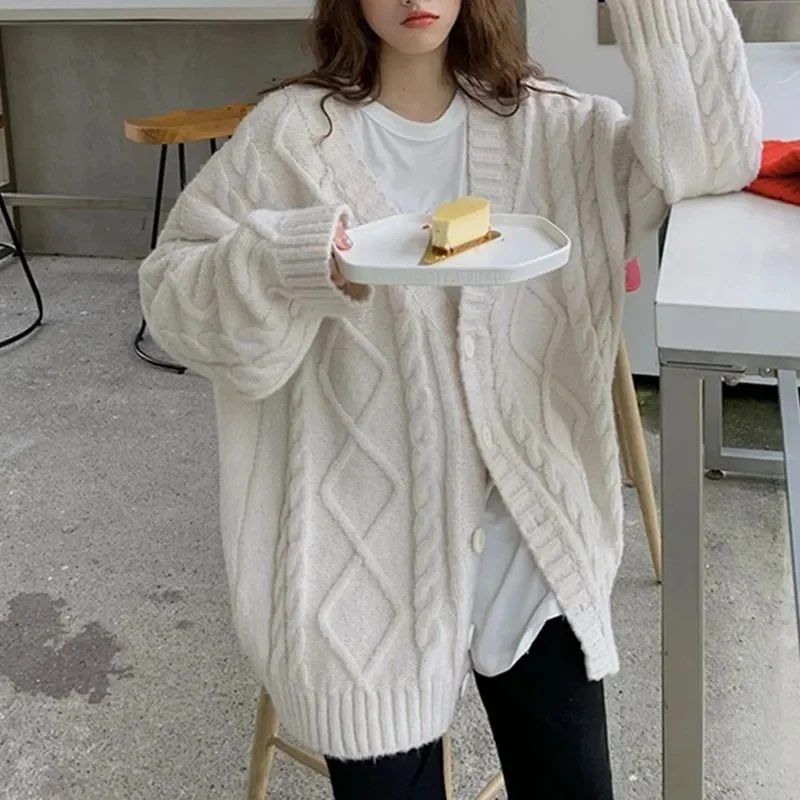 New Autumn Winter Korean Version Loose Thickened Fried Dough Twists Sweater Coat Women Fashion Knitting Cardigan Outer Wear Top