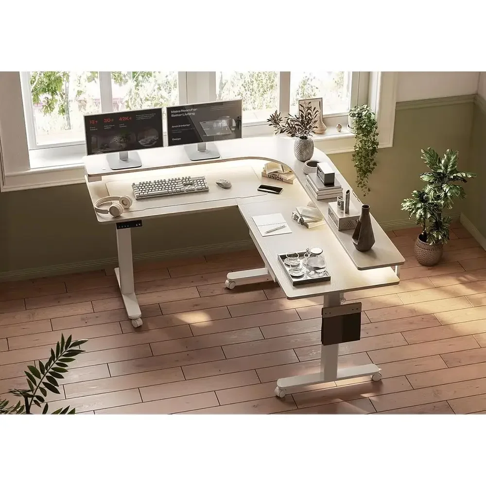 63 Adjustable Electric L-Shaped Desk with Drawers, LED Lights, Monitor Stand, Power Outlet, 4 Memory Settings