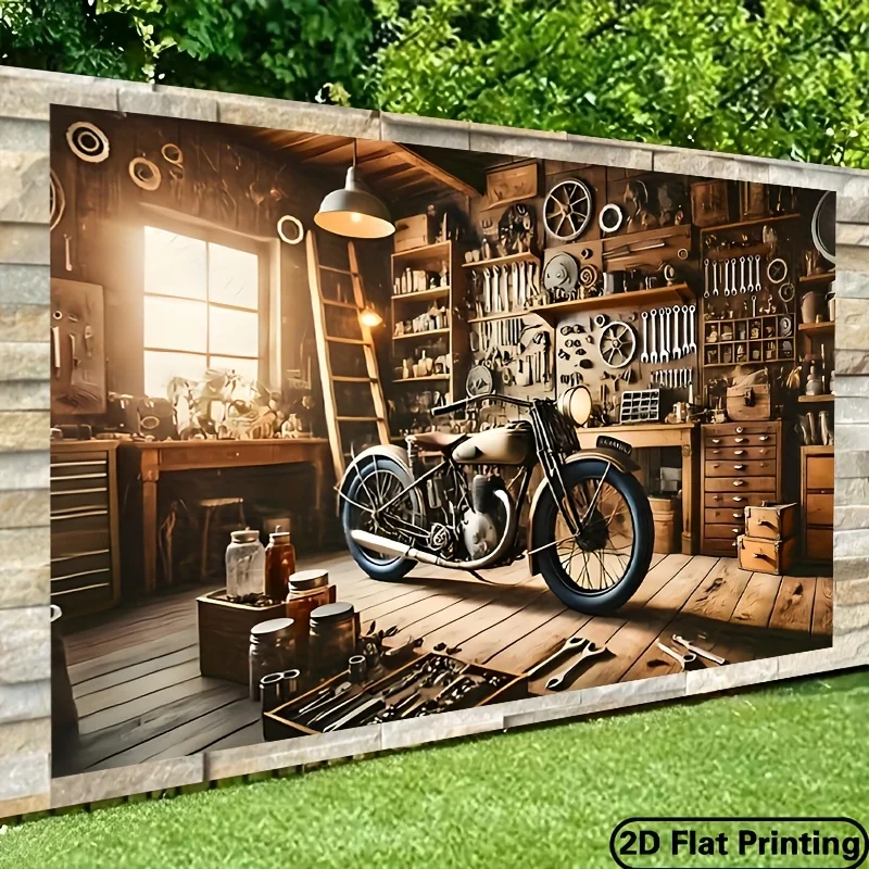 Motorcycle Garage Tapestry Vintage Workshop Scene Wall Art Retro Style Decor Man Cave Bar Room Background Cloth for Men Gifts