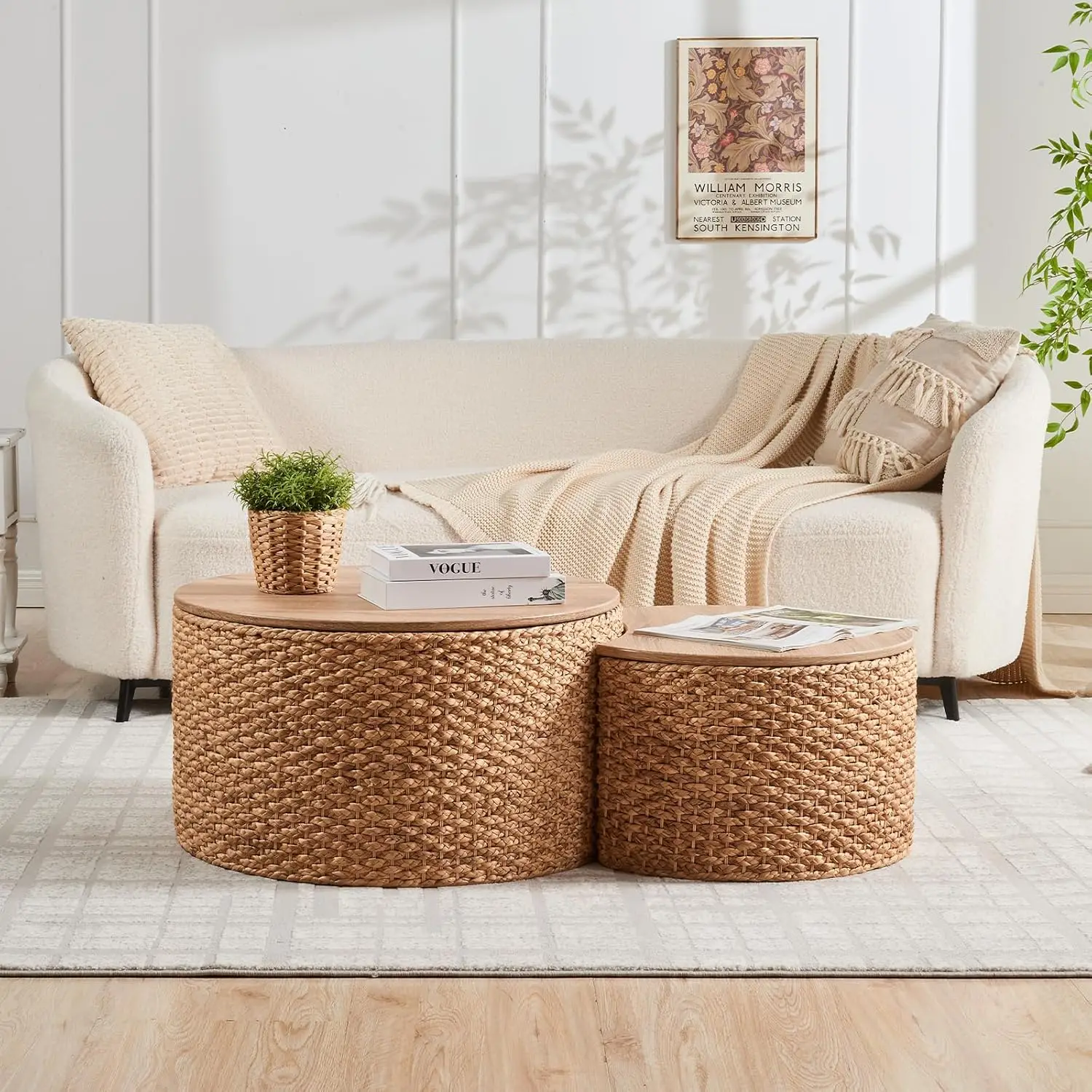 

Round Nesting Coffee Table Set of 2 with Storage - Handwoven Wicker Rattan Ottoman Style, Boho Coastal Coffee, Customized