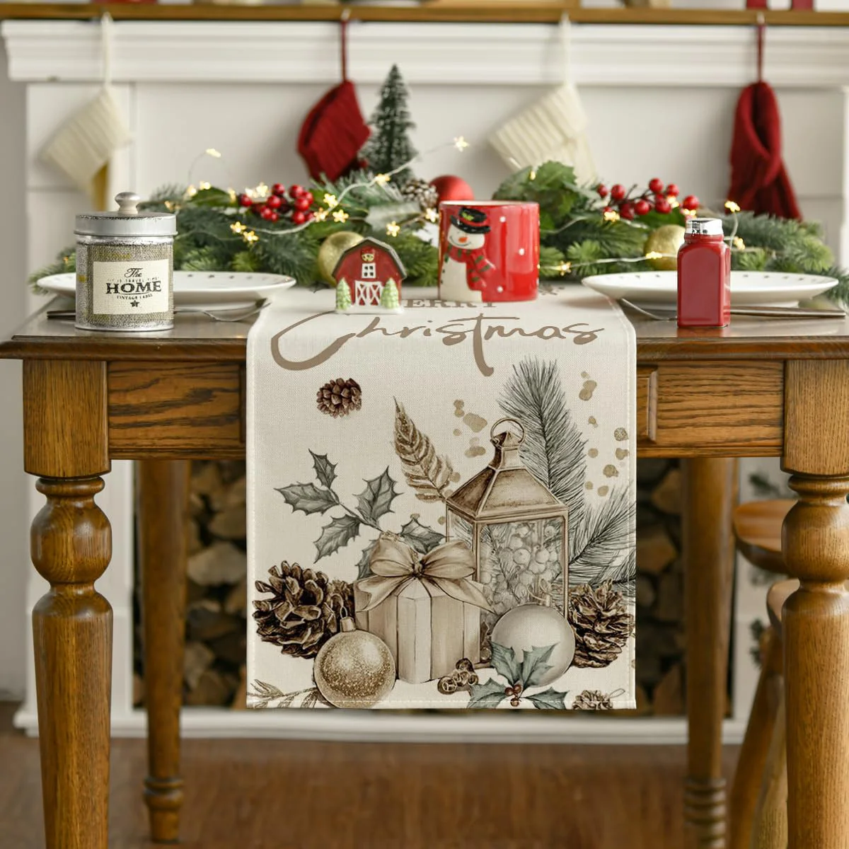 Xmas Ball Gifts Pine Cone Christmas Table Runner, Seasonal Winter Kitchen Dining Table Decoration for Home Party Decor