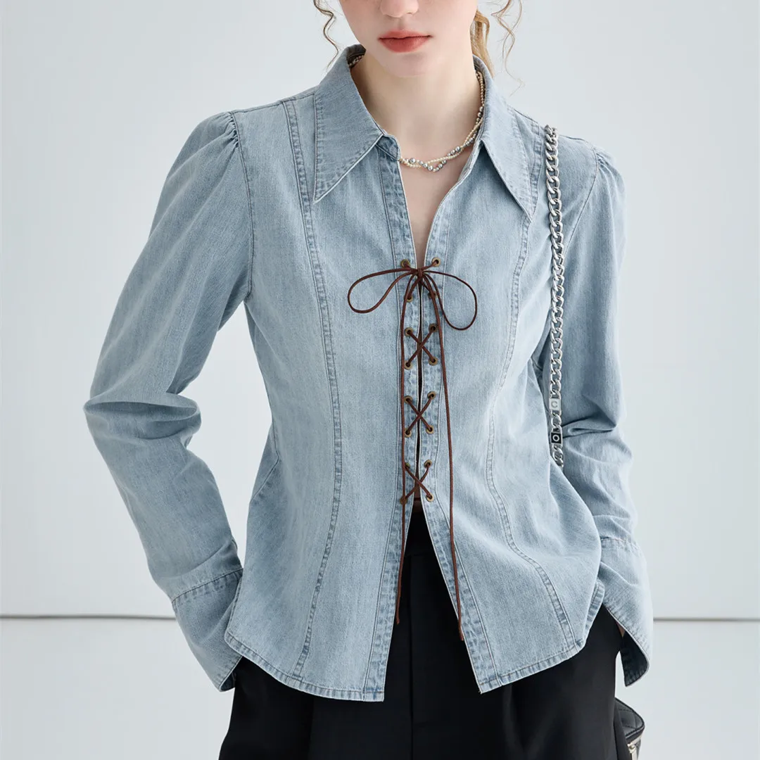 Vintage Blue Denim Lace Up Blouse For Women Summer Casual V-neck Long Sleeve Shirts Elegant Lady Street Chic Tops