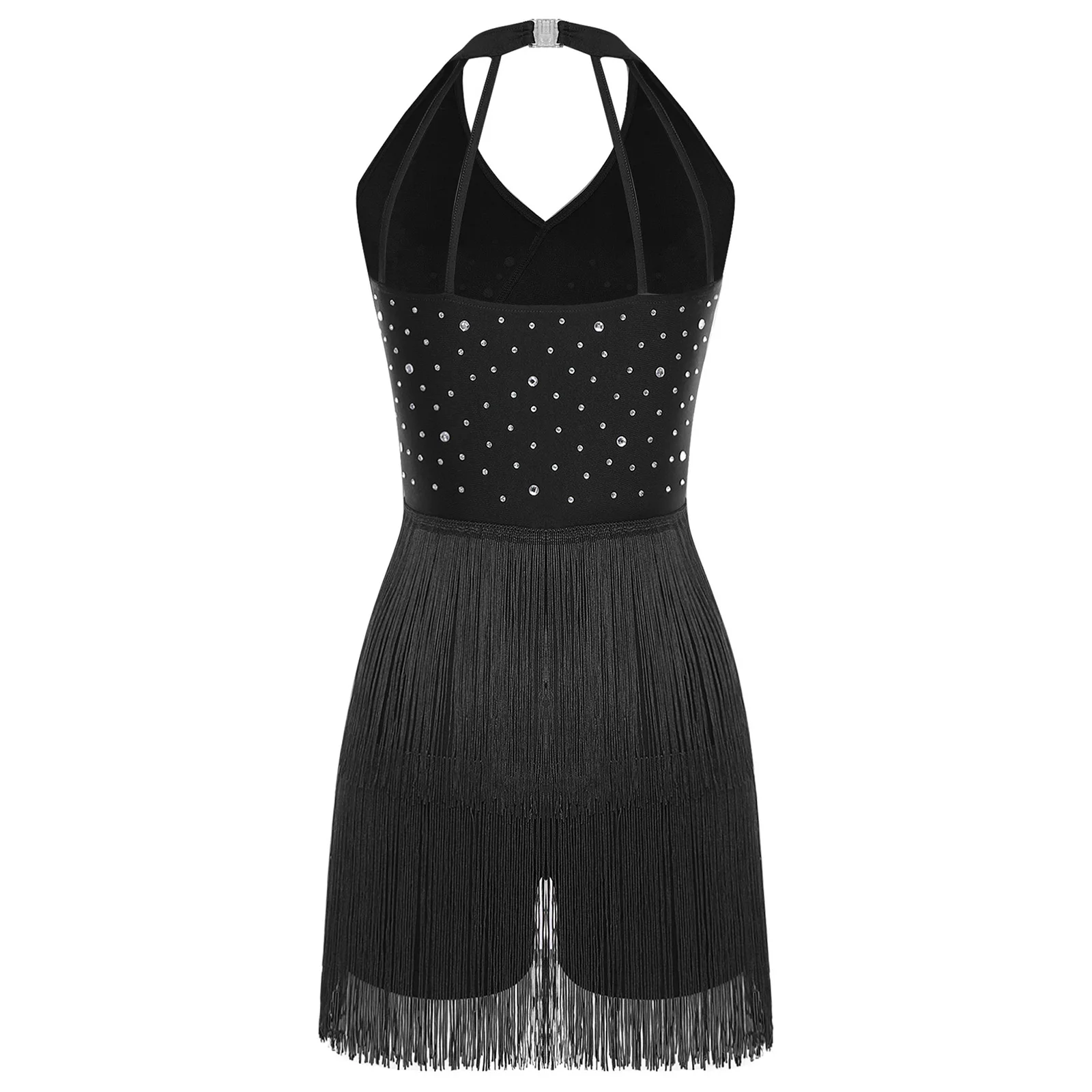 Strass salão de baile jazz tango salsa traje feminino sem mangas tiras layere franja lantejoulas macacão tango rumba vestidos