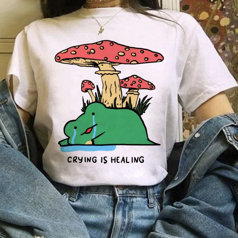 T-Shirt Print Casual Simple Women's Cartoon Cute Frog Pattern O-Neck Women's Regular Printed Top Summer Trend White T-Shirt