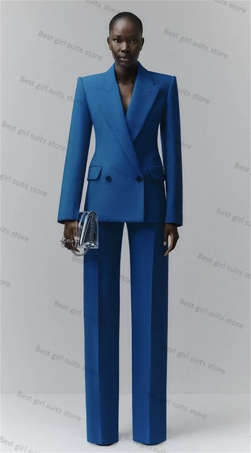 

Royal Blue Wedding Women Suits Pants Set 2 Piece Blazer+Trousers Cotton Jacket Tuxedos Office Lady Prom Dress Coat Tailored