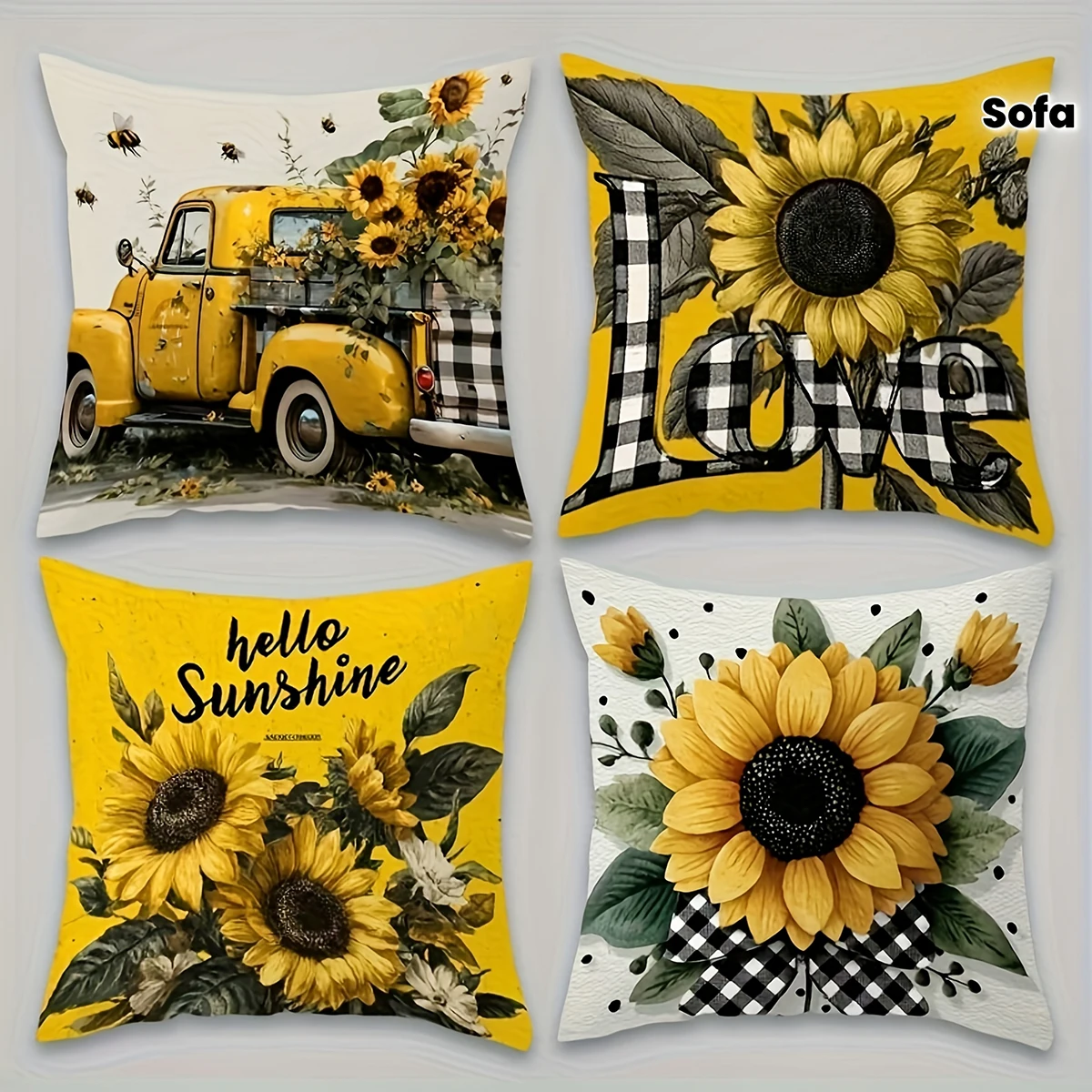 4PCS Digital Print Pillow Covers, Cushion Covers, Vintage Truck Sunflower Plaid Love Hello Sunshine Summer Farmhouse Home Decor