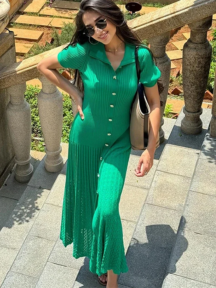 

Chic Patchwork Knitted Maxi Dress For Women elegant Short Sleeve Hollow Out Ribbed Long Dresses O-Neck High Waist Lady Knitwear