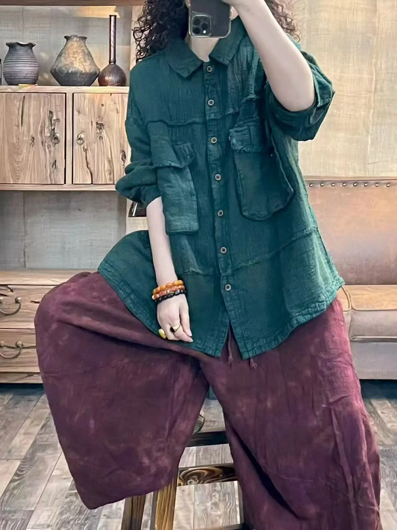 

Retro Linen irt Women's Loose Large Size Olive een Texture Collar Open Cardigan Breathable Comfortable Long Sve Ne