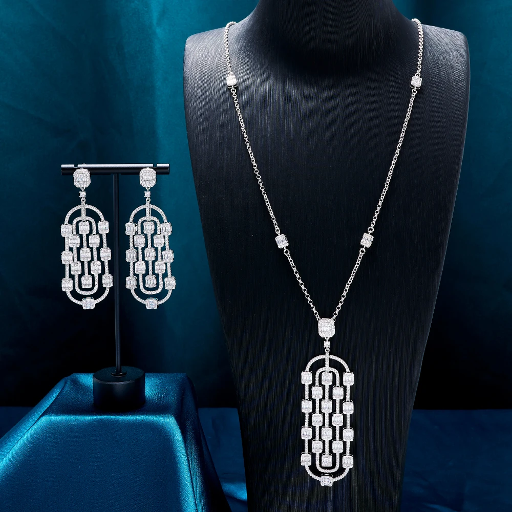 TIRIM Long Pendant Necklace Set for Women Cubic Zirconia Bridal Jewelry Link Stackable Pendant Trendy Sweater Necklace Jewelry