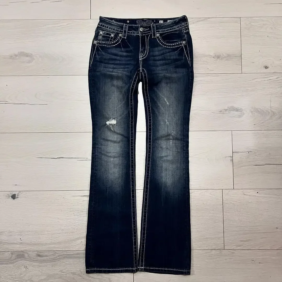 Calça jeans bordada Harajuku feminina, hip hop, jeans casual de rua, cintura alta solta, perna reta, calça larga, azul, moda Y2K, nova