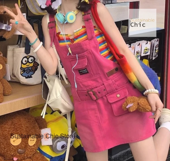

French dopamine wearing rose-red tooling belt denim strap short skirt female summer loose slim cute age-reducing A-line skirt.