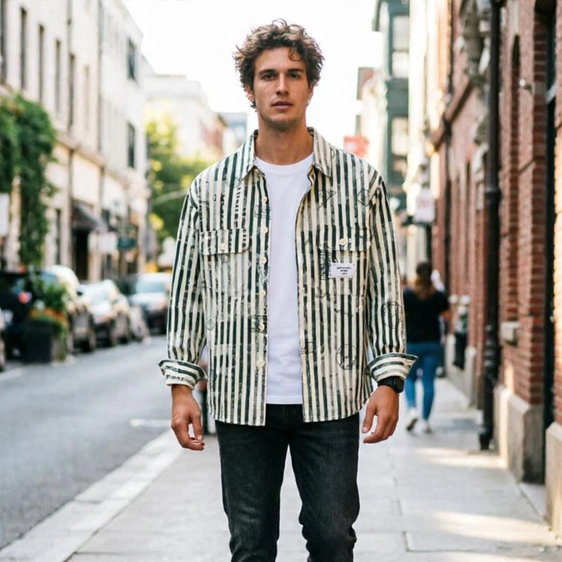 

Japanese Style Printed Stripe Long Sleeve Shirt For Men Casual Loose Fit Cotton Button Down Dress Shirt With Pockets