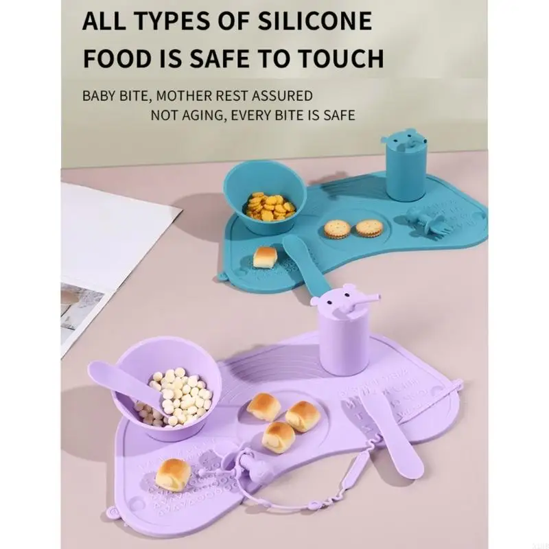 

Multi Functional Silicone Placemat Feeding For Kids Integrated Suction Bowls Cups Utensils & Chewable Straws Gift