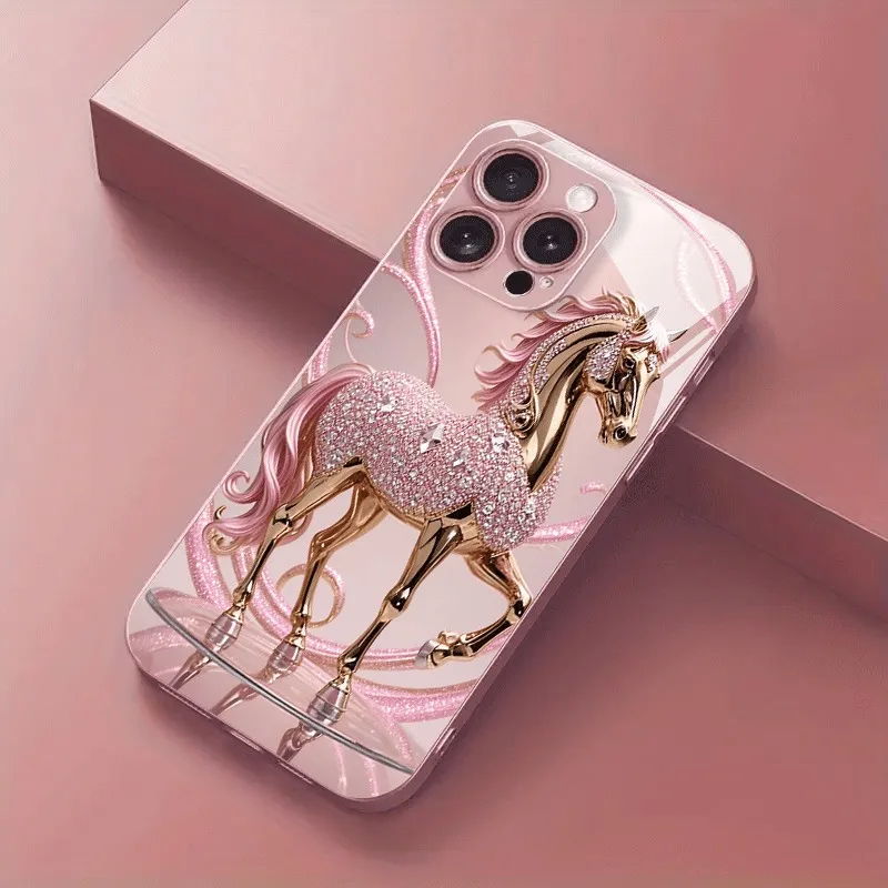 

Pink Crystal War Horse Pattern Metallic Tempered Glass Phone Case For iPhone 17 Pro Max 16 15 14 13 12 11 16E Air 14 Plus Cover