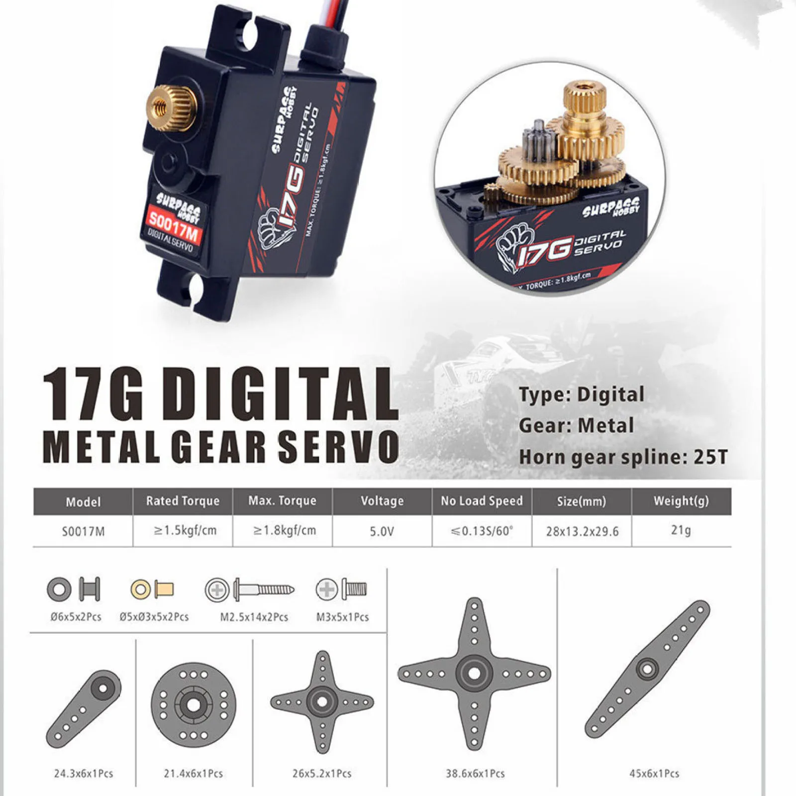 Wysokiej jakości serwo cyfrowe SURPASS Hobby S0017M 17g z metalowymi przekładniami, 1.8KG, do samolotów RC, robotów, ciężarówek 1/18, samochodów, łodzi, samolotów z kanałami wentylacyjnymi.