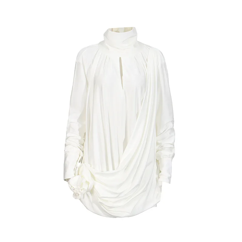 EAEOVNI Elegantes, modisches Minikleid für Damen, 3D-Blumenmuster, gespleißte Falten, weiße Partykleider, vielseitig, 2025, neue Kleidung 1A1657