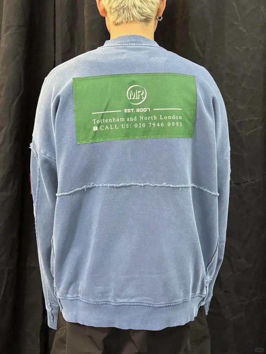 Fleece Marti Washed Blue Printed Patch Irregular Zip Sweater Jacket