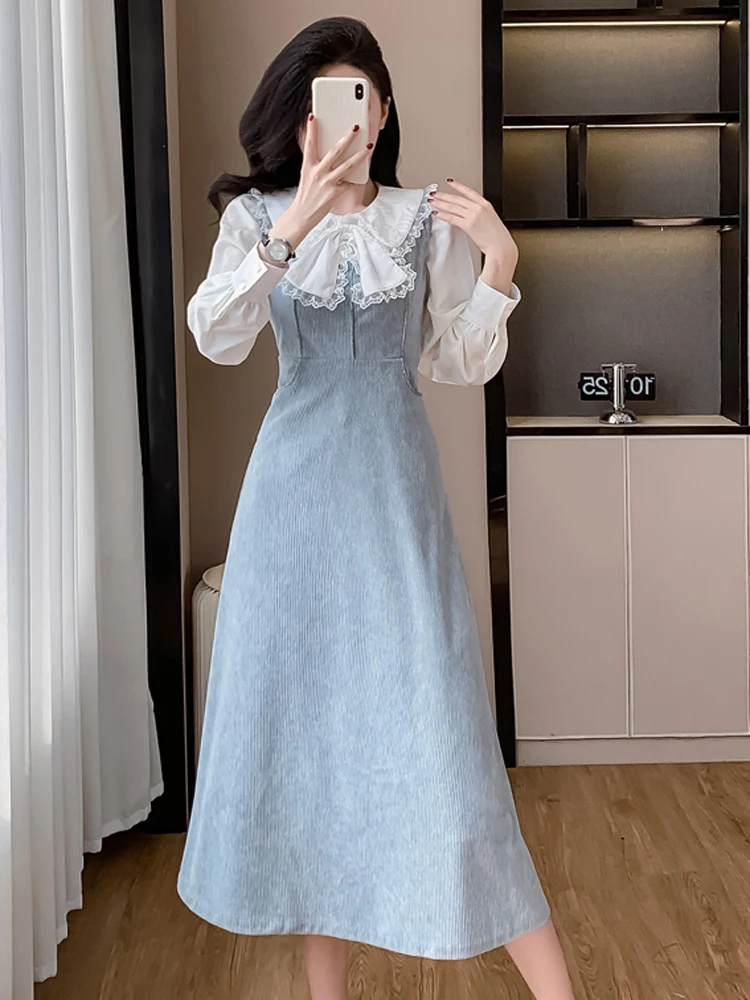 

French Temperament Two Piece Set Women Sweet Bow Peter Pan Collar White Shirt Tops + Casual Vest A-Line Dress Spring Lady Suit