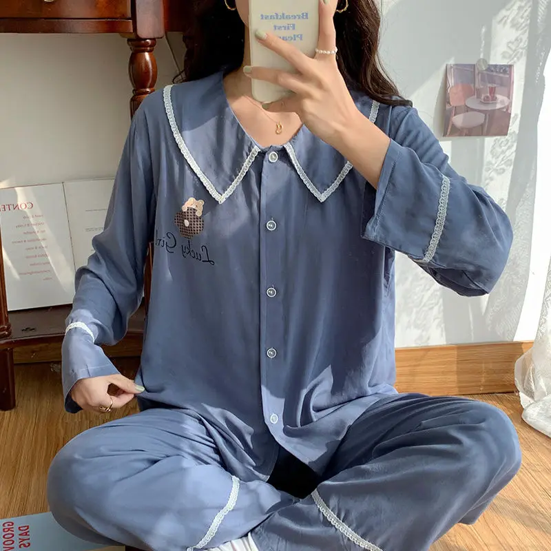 Long Sleeve Doll Collar Poplin Sleepwear Women's Spring Autumn Thin Loose Casual Homewear Suit Sweet Cute Student Pajamas Set