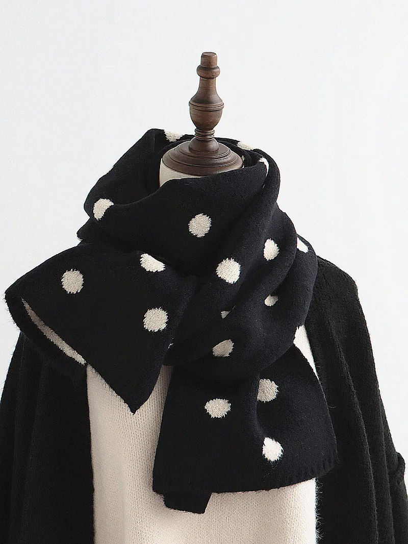 Thickened Double-Sided Polka Dot Knitted Scarf Warm Woolen Neck Warmer for Women Students Winter Fashion Korean Sle Long Re...