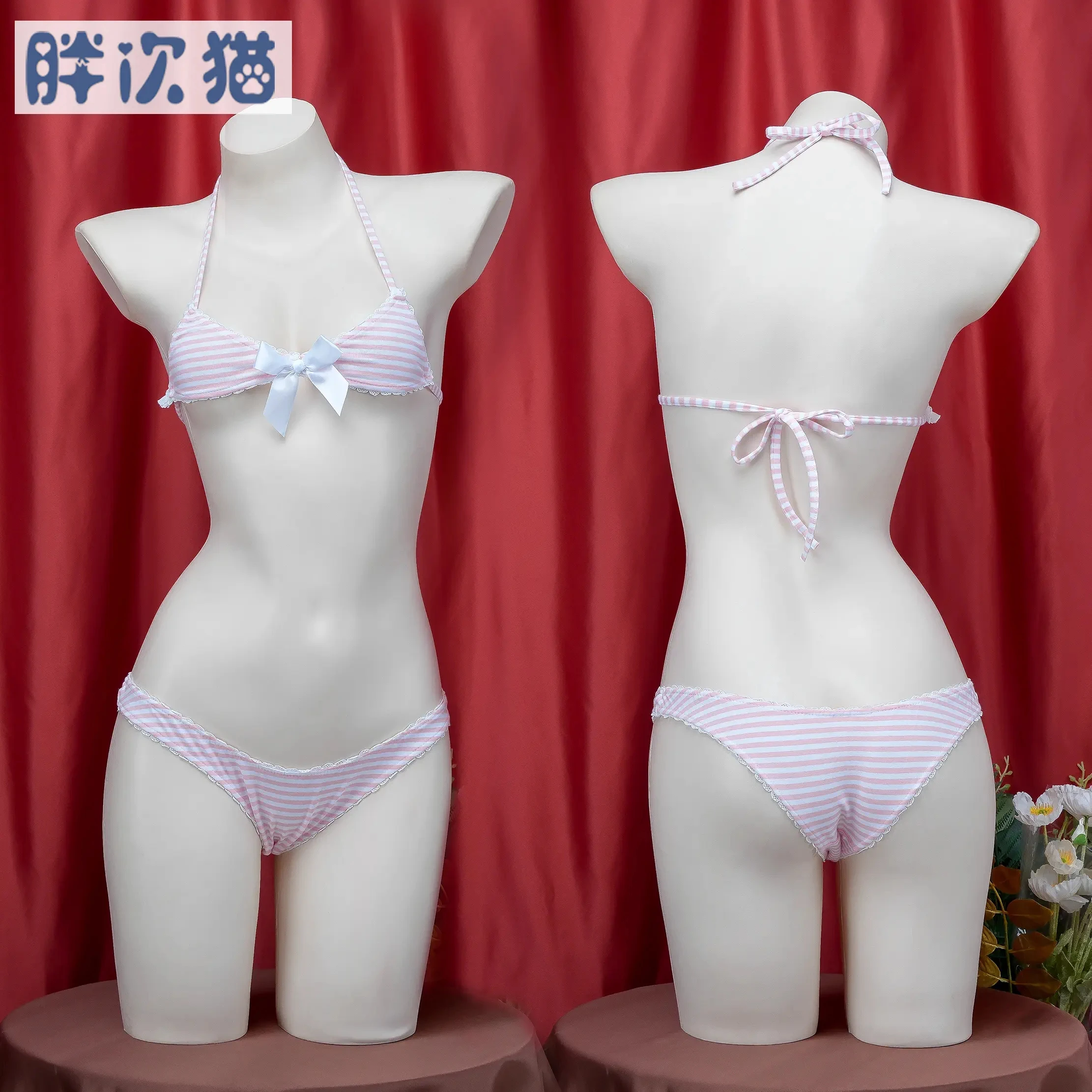 Três Ponto Listrado Bowknot Bikini, Conjuntos De Roupa Interior De Bandagem, Escola Cosplay Traje, Uniforme Meninas, Estilo Japonês