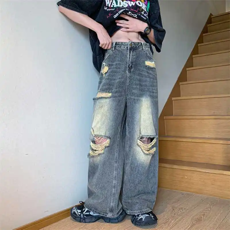 

Модные рваные джинсы в американском стиле для мужчин и женщин в стиле хип-хоп, ретро, с эффектом потертости, свободные и индивидуализированные прямые широкие штаны, повседневные брюки